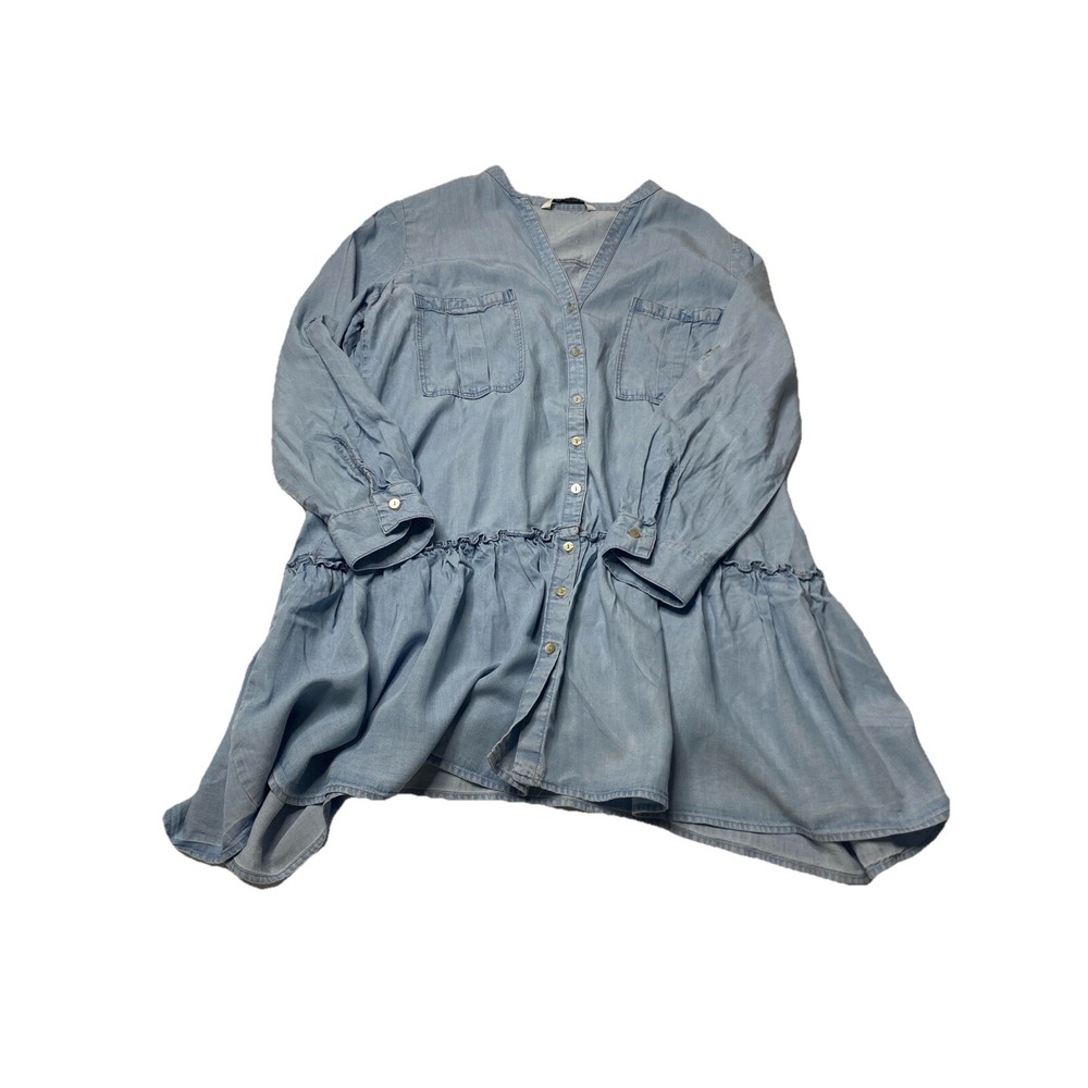 Zara Light Wash Chambray Tiered Mini Dress Sz XL Boho Cowgirl Core Western Chic
